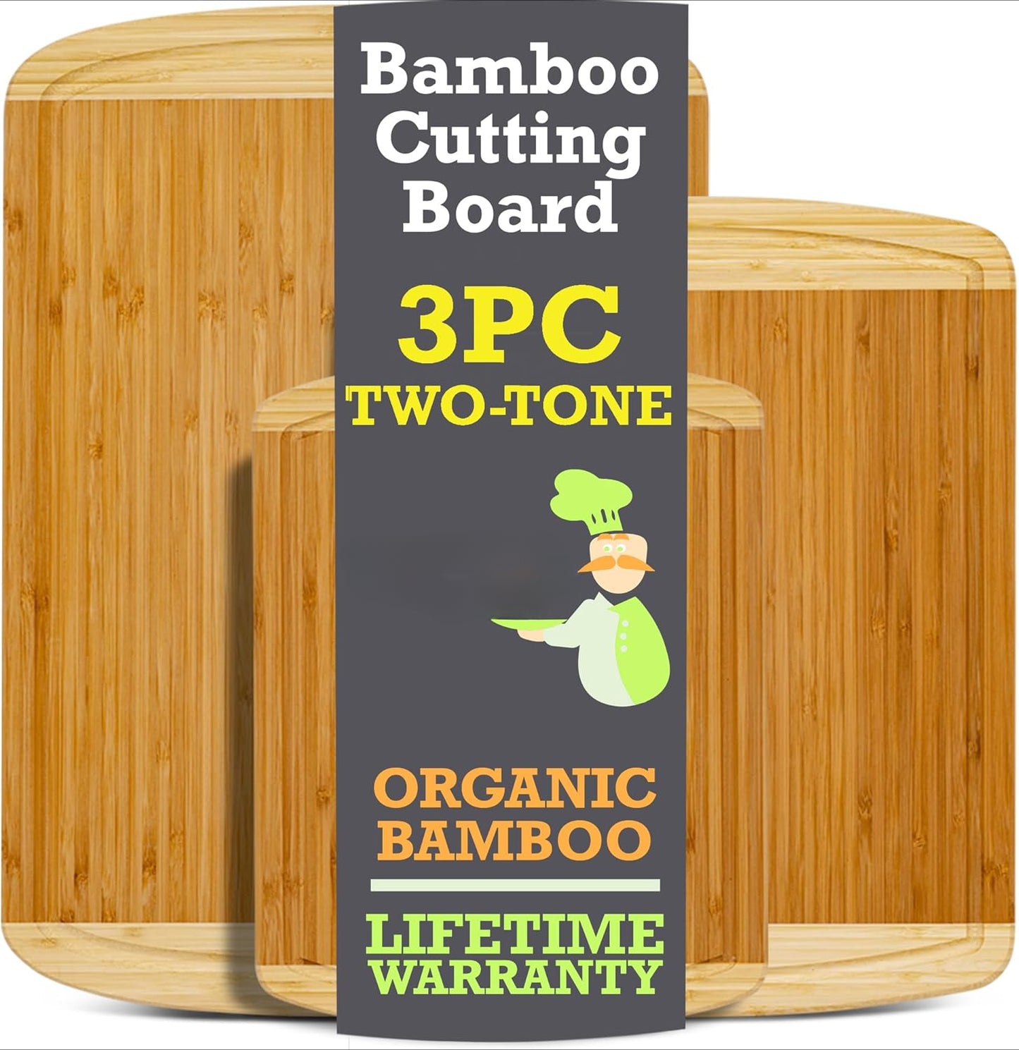 Organic Bamboo Cutting Board Set of 3 with Lifetime Replacements - Wood Cutting Board Set with Juice Groove - Wooden Chopping board Set for Kitchen, Meat and Cheese