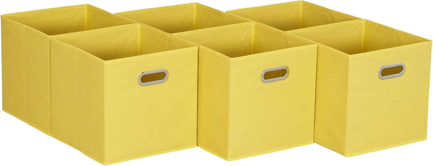 Fabric Storage Cube Bins, 6 Piece Set, Strong Poly-Woven Fabric, Chipboard Sides, Grommet Front Handle, Stackable and Foldable, Classic Design