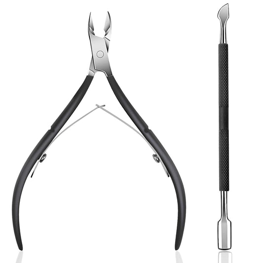 Cuticle Trimmer with Cuticle Pusher Cuticle Nipper Professional Grade Stainless Steel Cuticle Remover Cutter Clipper Durable Pedicure Manicure Tools (Black)