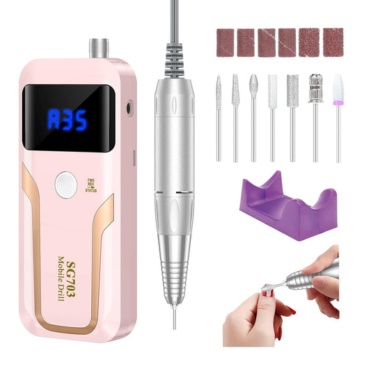 Portable Nail Drill Professional 35000 RPM, Rechargeable Electric Nail File Machine E File for Acrylic Nails Gel Polishing Removing, Cordless Efile with Bits Kit for Manicure Salon Home