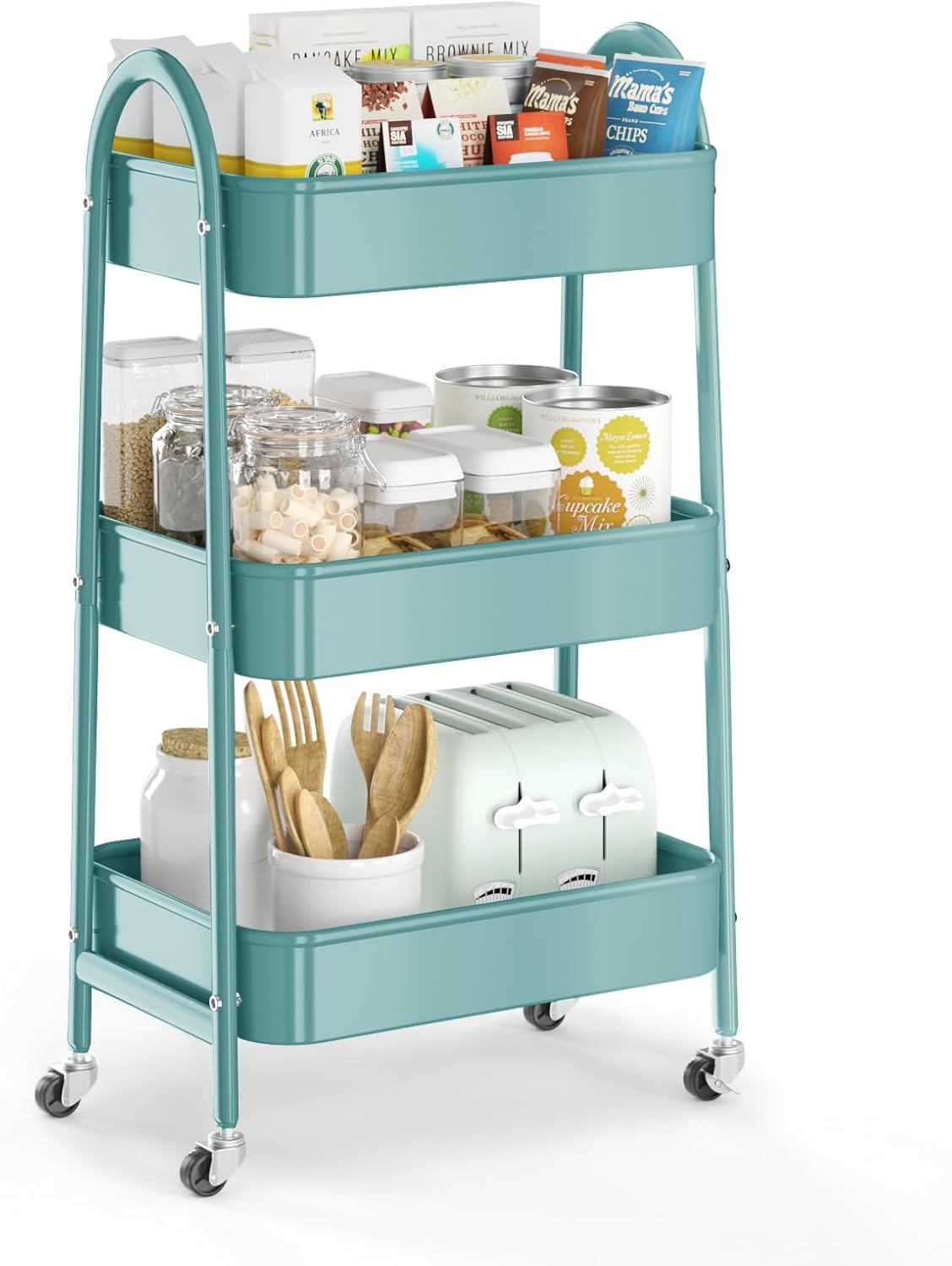 3 Tier Utility Rolling Cart, Metal Storage Cart with Handle and Lockable Wheels, Multifunctional Storage Organizer Trolley with Mesh Baskets for Kitchen, Living Room, Office, Garage (Black)