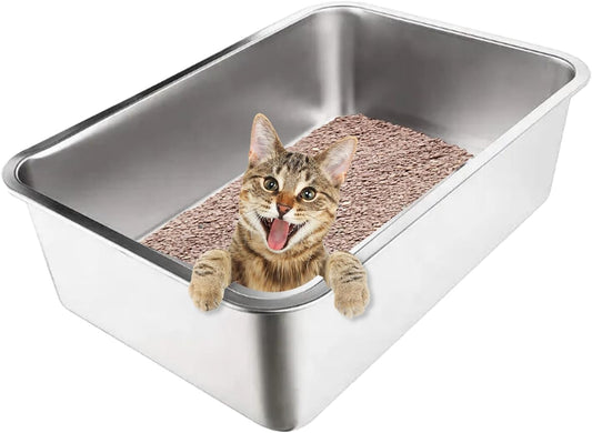 Stainless Steel Cat Litter Box With High Sides - Never Absorbs Odor, Stains or Rusts - Non Stick Smooth Surface For Cats and Rabbits