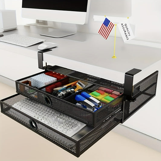 Under Desk Drawer Organizer Clamp-On, Mesh Metal Desk Drawer Attachment, 2 Drawer Slide Out, On Desk Or Under Desk Organizer For Office Supplies & Home Essentials (2 Drawers) Organization, Storage & Transport