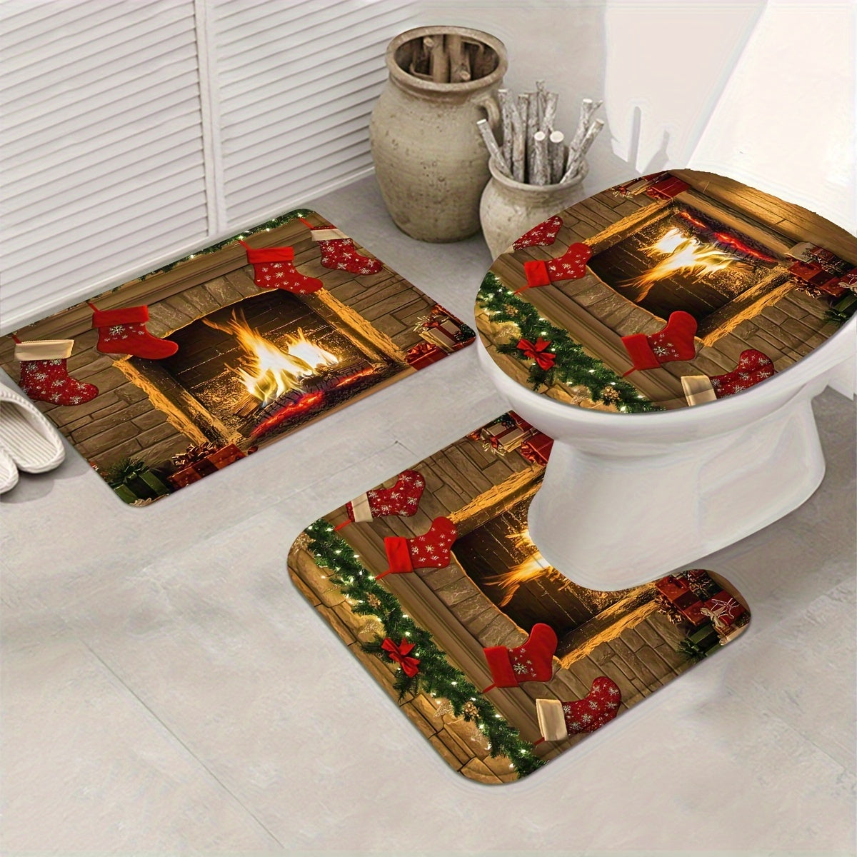 4PCS Christmas Bathroom Accessories Set, Non-Slip Rug, U-Shape Mat, Lid Cover, Partition with 12 Hooks, Fireplace Shower Curtain for Christmas Decor