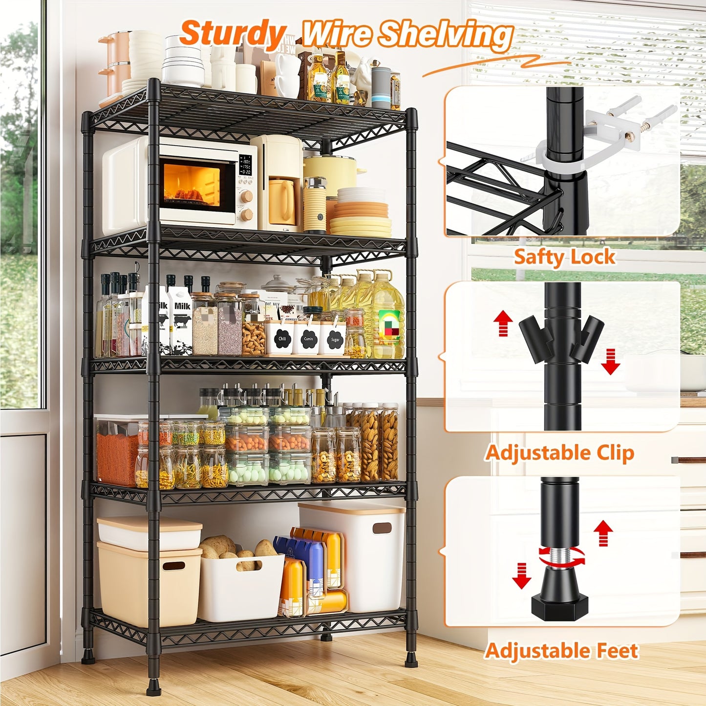 5-Tier Shelving Units 62" Adjustable Storage Shelves Sturdy Wire Shelf Adjustable Metal Shelves Detachable Storage Rack For Kitchen Laundry Living Room Heavy Duty Organizers And Storage Shelf, 11.6"D X 21.5"W X 62.5"H