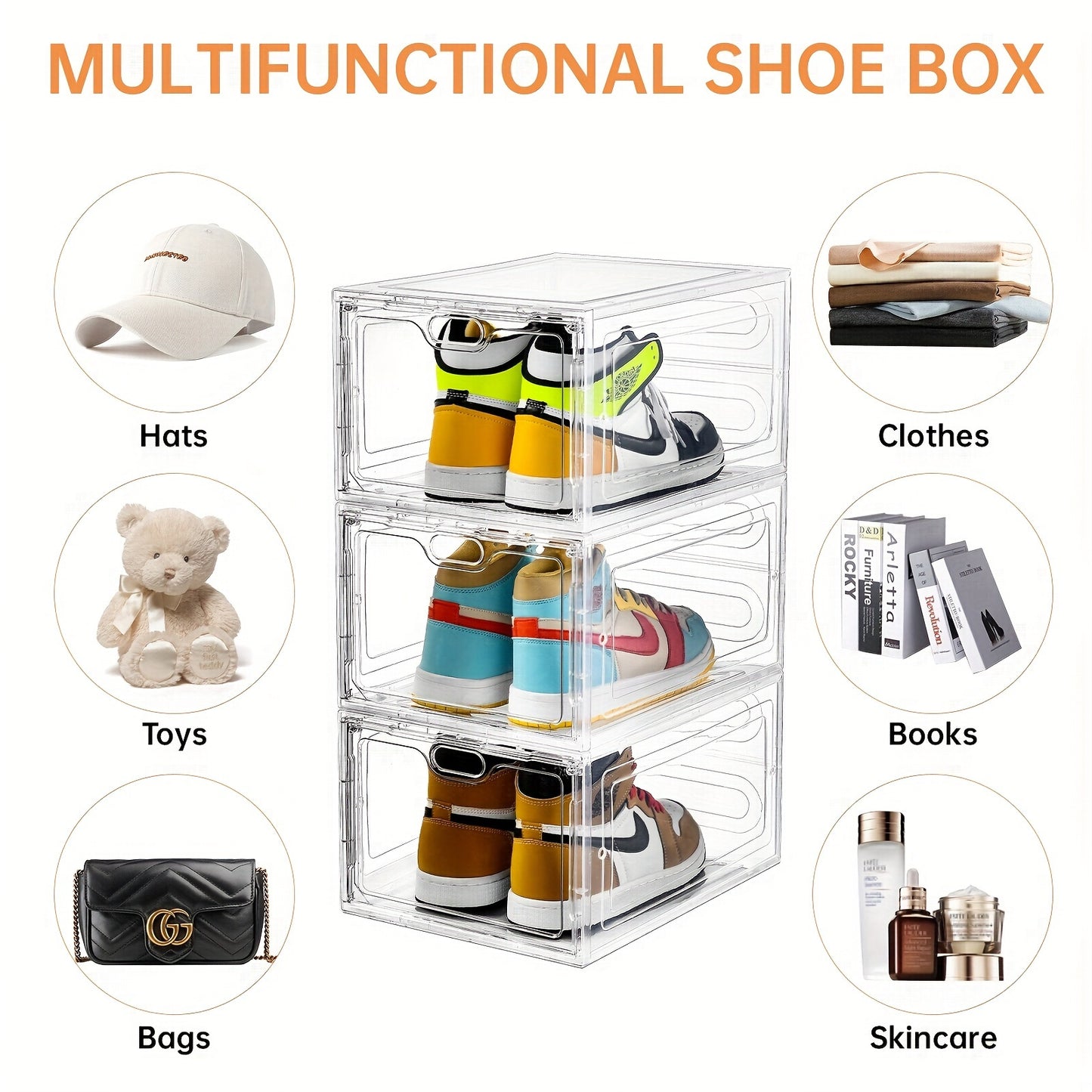 6/12 Pack Shoes Box, Shoes Storage With Magnetic Door, Shoe Box For Closet, Sneaker Case, Fit Up To US Size 12 For Men/Women13.4"x 9.8"x 7.1", Clear/Black/Ashy/Black With Clear