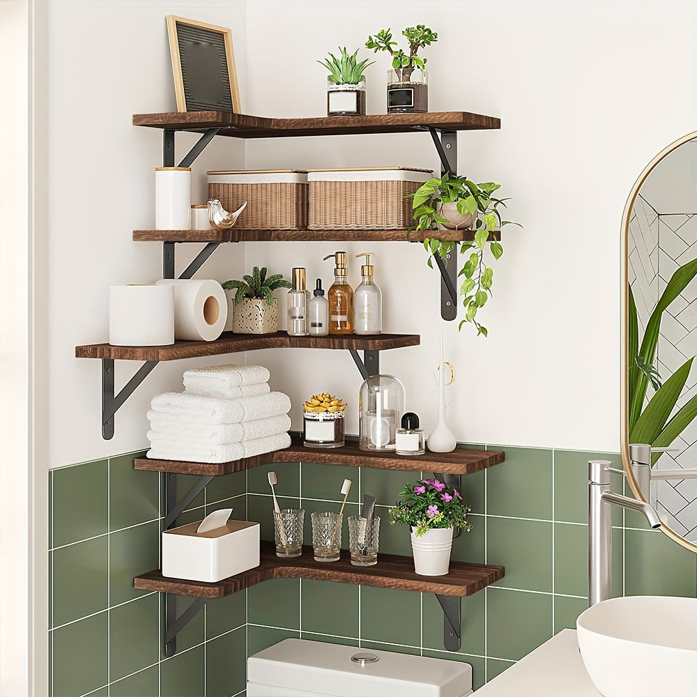 5pcs, Corner Floating Shelves, Rustic Wooden Wall Shelves For Bathroom, Kitchen, Bedroom Or Living Room, Convenient To Take, Sturdy And Reliable