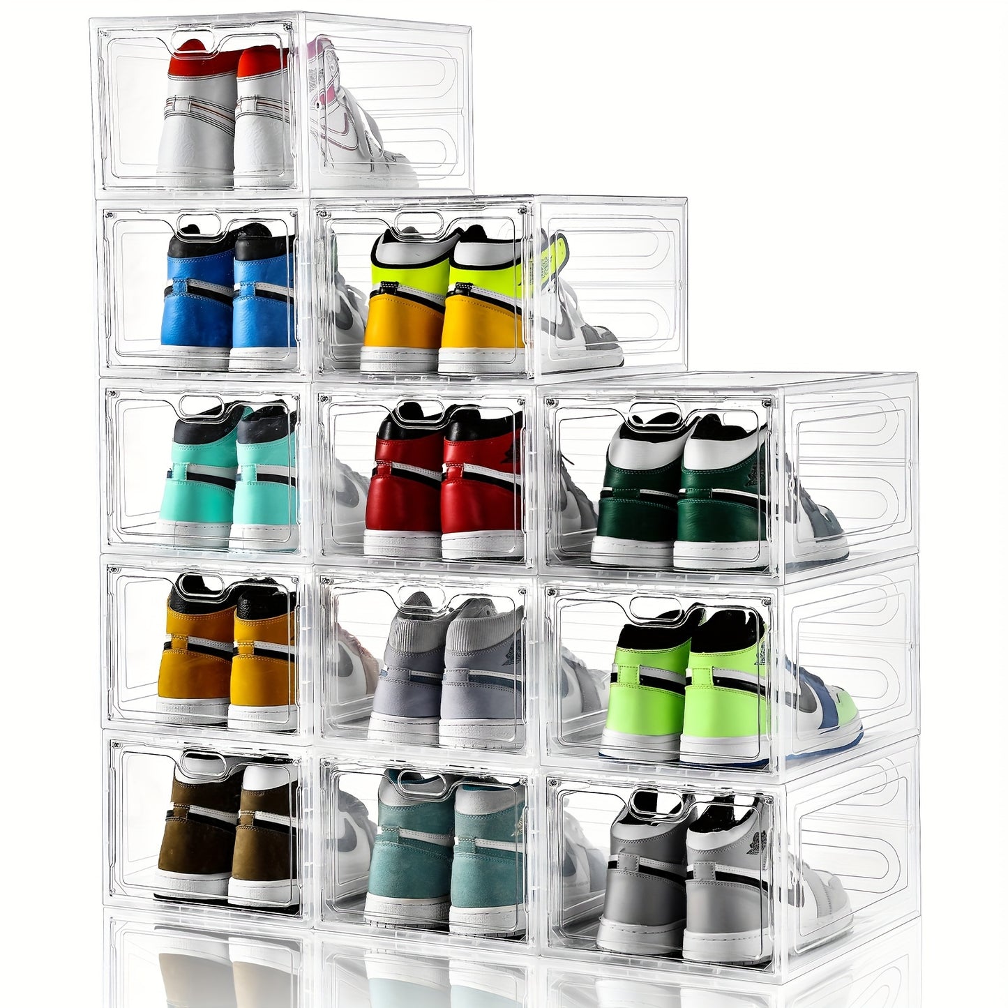 6/12 Pack Shoes Box, Shoes Storage With Magnetic Door, Shoe Box For Closet, Sneaker Case, Fit Up To US Size 12 For Men/Women13.4"x 9.8"x 7.1", Clear/Black/Ashy/Black With Clear