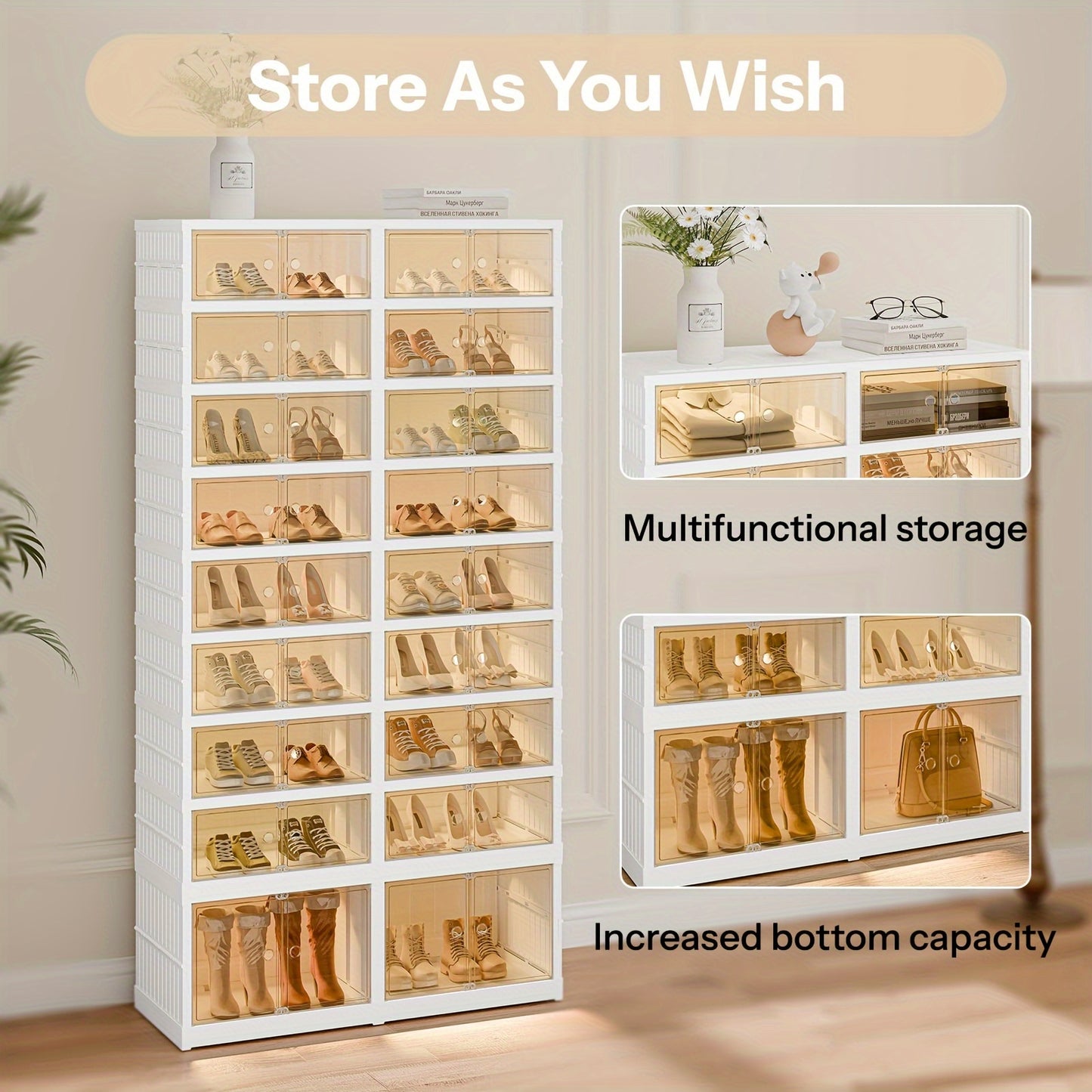 3/9-Tier Foldable Shoe Rack Organizer for Closet 36Pairs Plastic Shoe Shelf Collapsible Shoes Storage Box Clear Shoe Boxes Stackable with Door Easy Assembly Shoe Cabinet with Lids Large