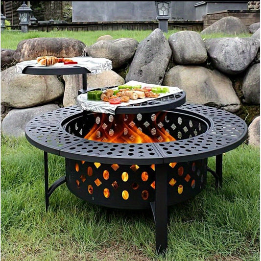 36" Outdoor Fire Pit with 2 Grills & Lid - Durable Cast Iron, Easy Assembly, Perfect for BBQs & Patio Parties