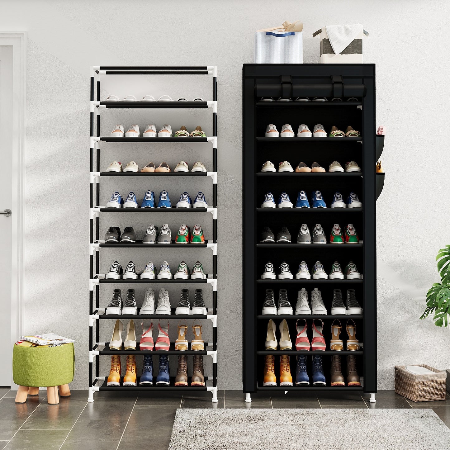 10-Tier High Capacity Shoe Rack Manager with Dust Cover, 9 Grid Shoe Rack, Tube Diameter 12mm, Entrance Shoe Rack Saves Space, Easy to Assemble, Suitable for Household Shoe Racks and Closets Free Standing Shoe Racks