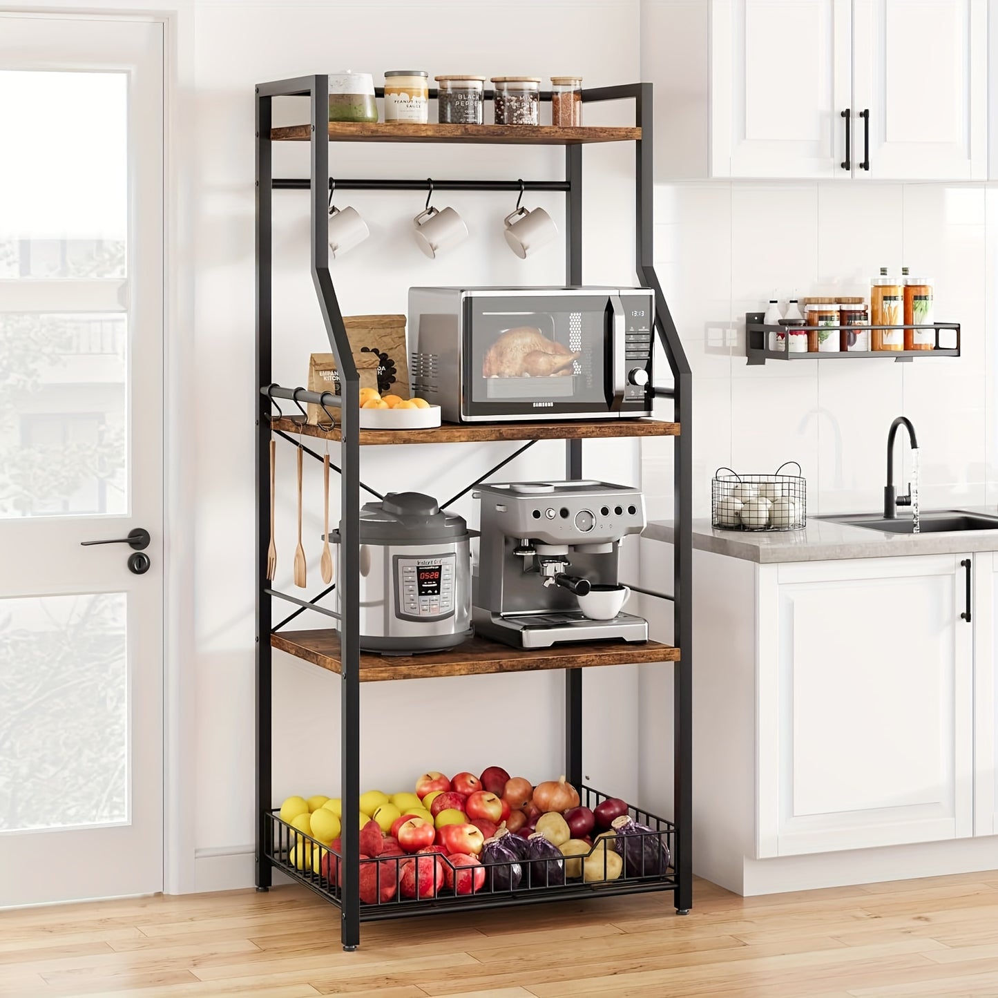 Kitchen Bakers Rack with Large Wire Basket Industrial Kitchen Utility Storage Shelf with 8 Hooks for Spice