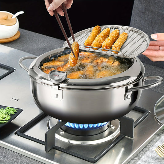 304 Stainless Steel Large Capacity Frying Pan With Thermometer, Compatible With Gas Stove And Induction Cooker, Japanese-style, Precise Temperature Control, Healthy Oil Drainage