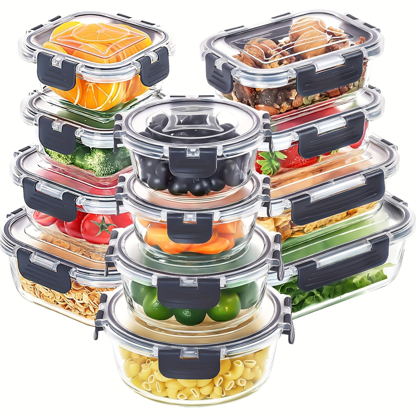 12 Pack Glass Food Storage Containers With Lids, Meal Prep, Pantry Kitchen Storage Containers For Lunch, Leak Proof, Airtight Glass Lunch Bento Boxes For Microwave, Oven, Freezer And Dishwasher