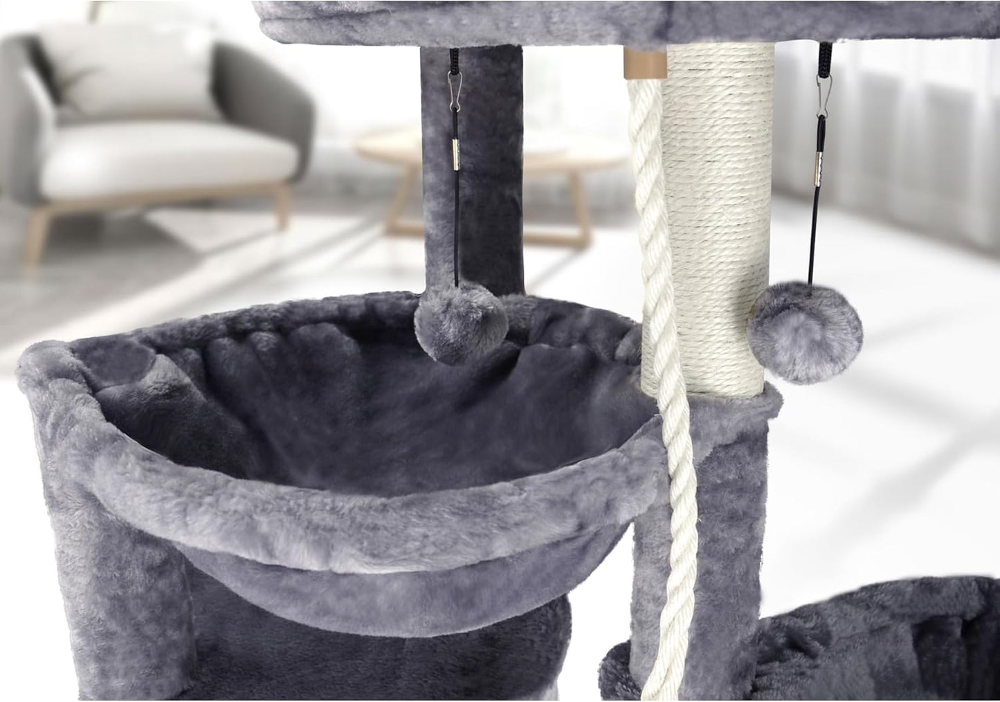 Three Layer Cat Tree with Cat Condo and Two Hammocks,Grey