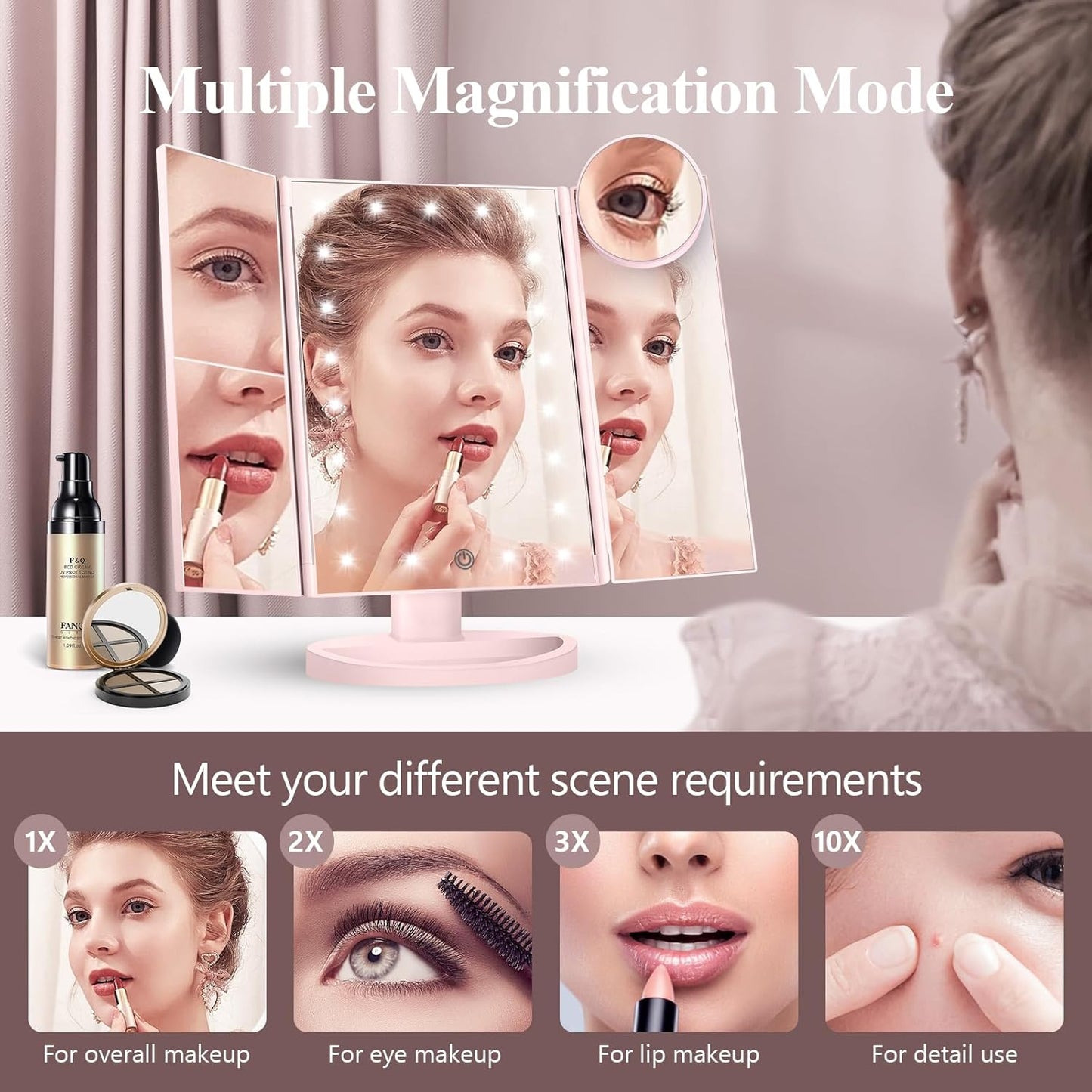 Makeup Mirror Vanity with Lights, 2X 3X 10X Magnification, Lighted Mirror, Touch Control, Trifold Dual Power Supply, Portable LED Women Gift