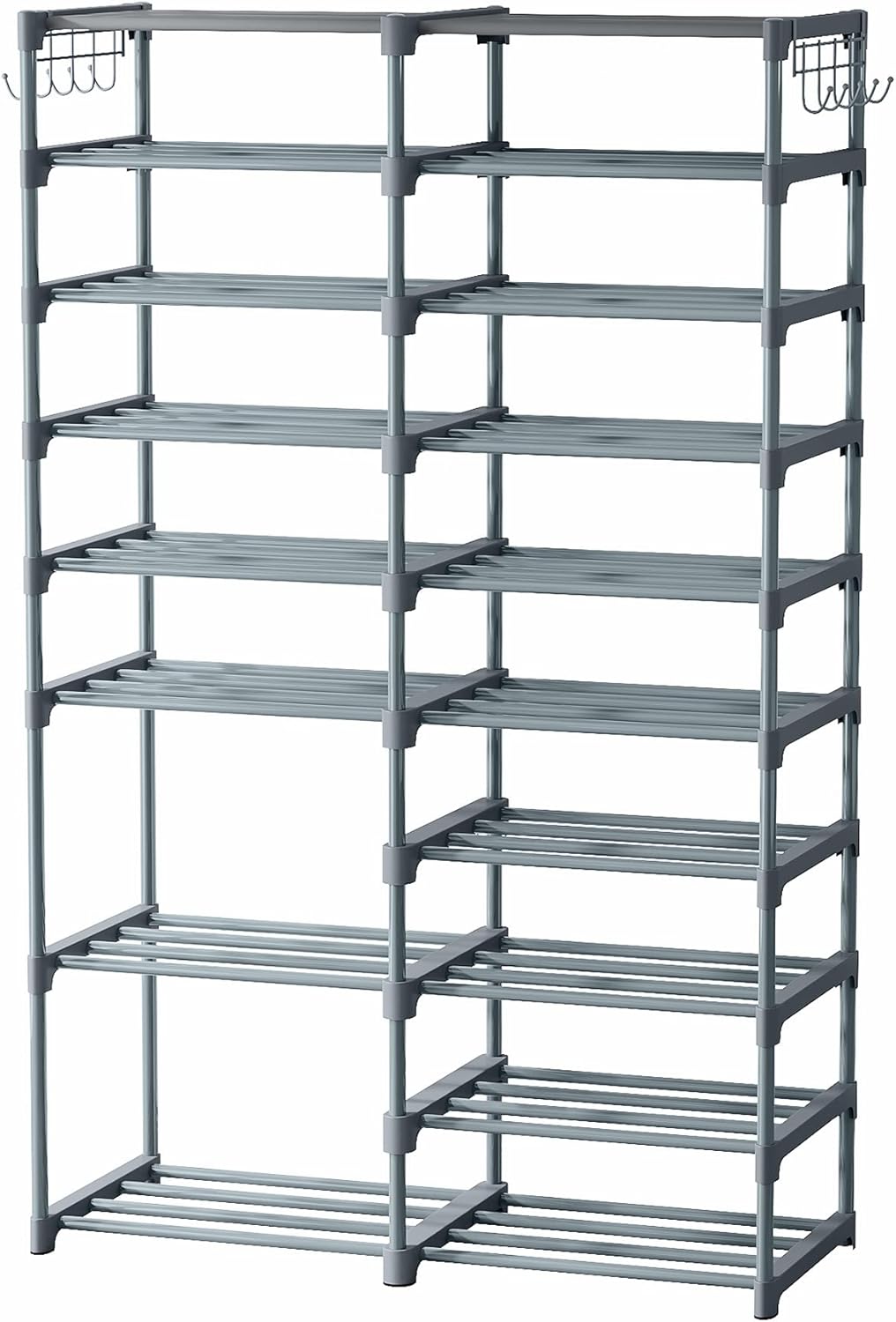 32-40 Pairs Shoe Storage Shelf, 9 Tiers Stackable Shoe Tower/Rack/Stand for Closet, Boot Organizer with 2 Hooks