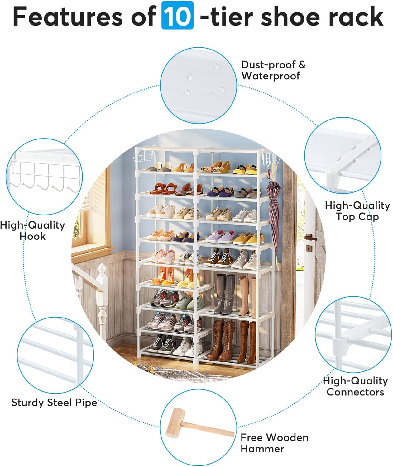 32-40 Pairs Shoe Storage Shelf, 9 Tiers Stackable Shoe Tower/Rack/Stand for Closet, Boot Organizer with 2 Hooks