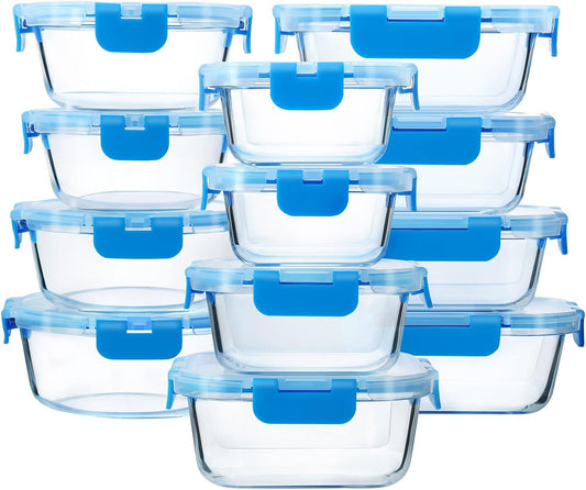 24-Piece Glass Food Storage Containers with Upgraded Snap Locking Lids,Glass Meal Prep Containers Set - Airtight Lunch Containers, Microwave, Oven, Freezer and Dishwasher, Blue