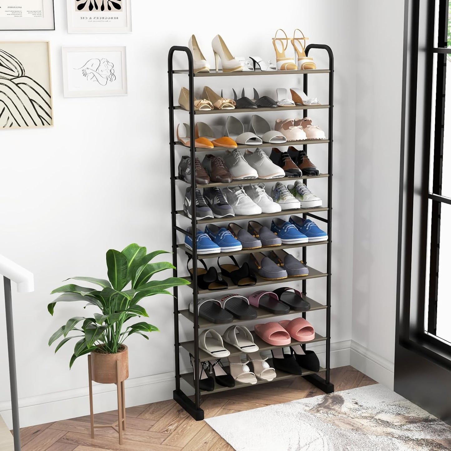 10-Tier Free Standing Shoes Rack, Space-Saving Shoes Organizer Shoes Storage Stand, Shoe Tower Storage Organizer, Entryway Hallway Shoes Tower, 26” x 11.5” x 60”, Black