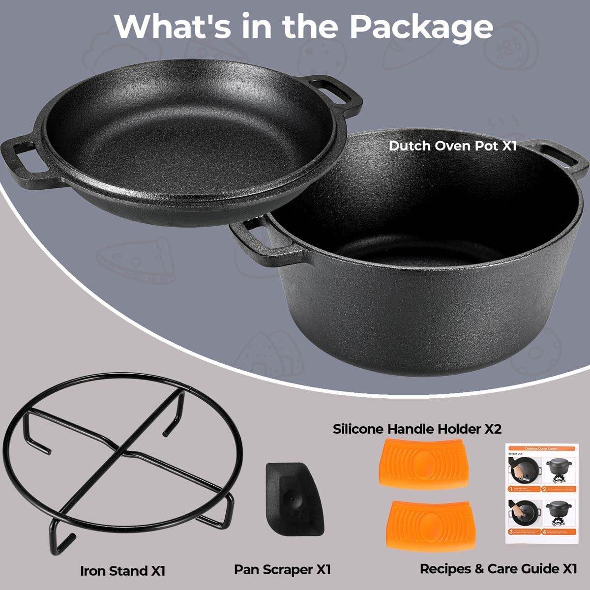 Cast Iron Dutch Oven Pot with Lid,Cast Iron Pot (5.1QT) and Cast Iron Lid as a Skillet(1.9QT) - Dutch Oven Cast Iron with Silicone Holders, Iron Stand, for Oven, Stove, Grill，Campfire