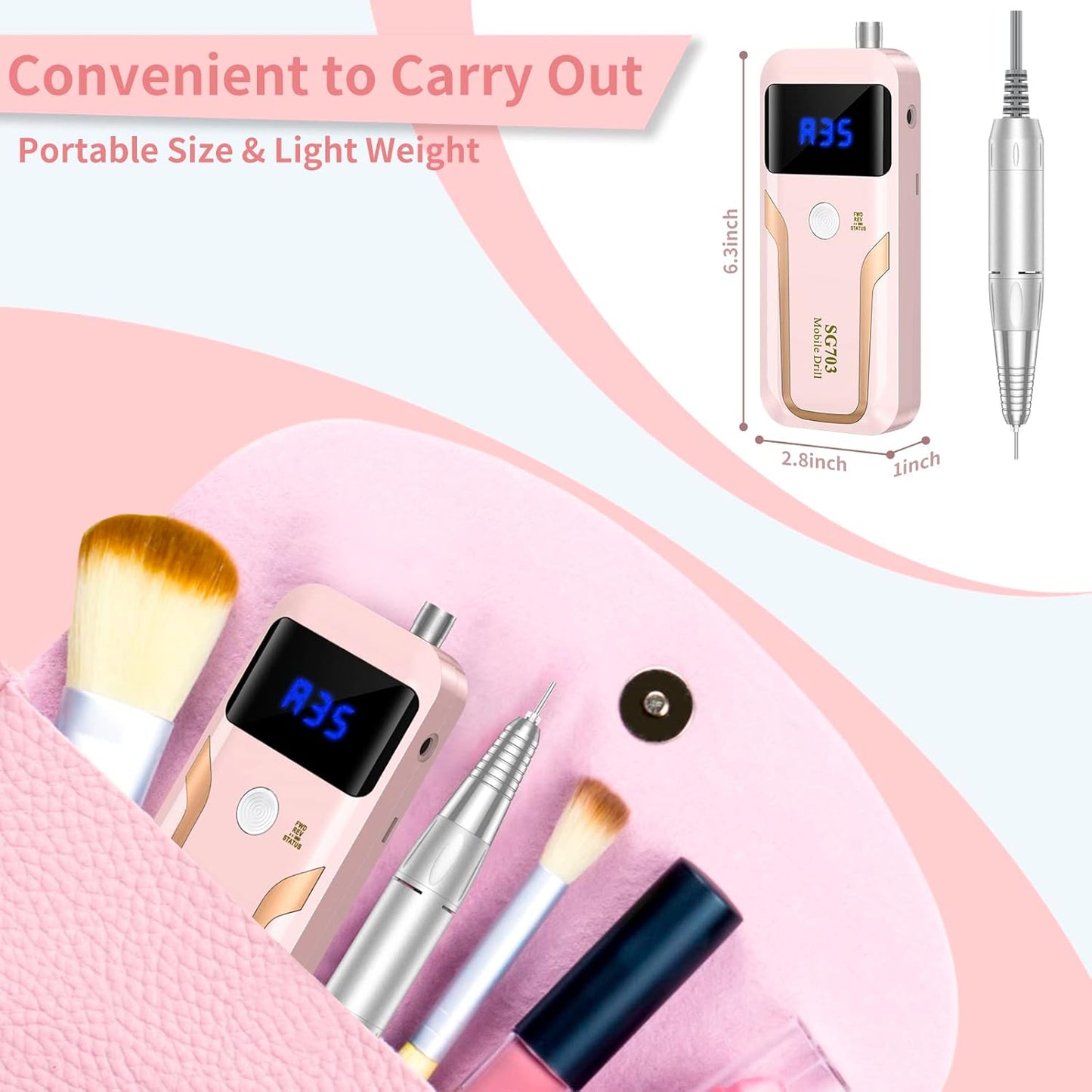 Portable Nail Drill Professional 35000 RPM, Rechargeable Electric Nail File Machine E File for Acrylic Nails Gel Polishing Removing, Cordless Efile with Bits Kit for Manicure Salon Home