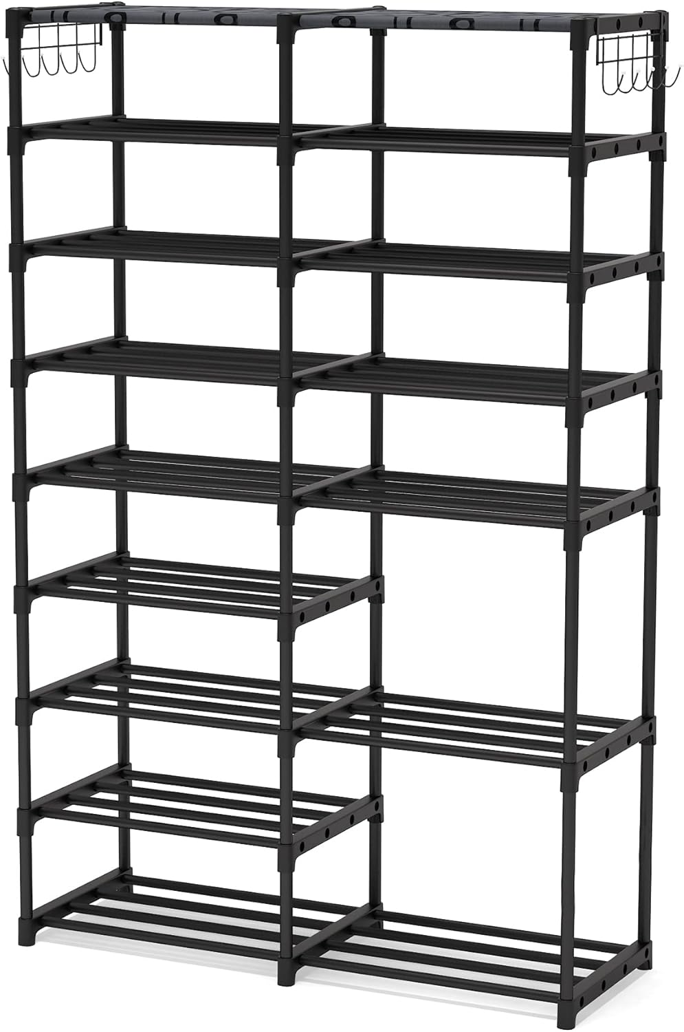 32-40 Pairs Shoe Storage Shelf, 9 Tiers Stackable Shoe Tower/Rack/Stand for Closet, Boot Organizer with 2 Hooks