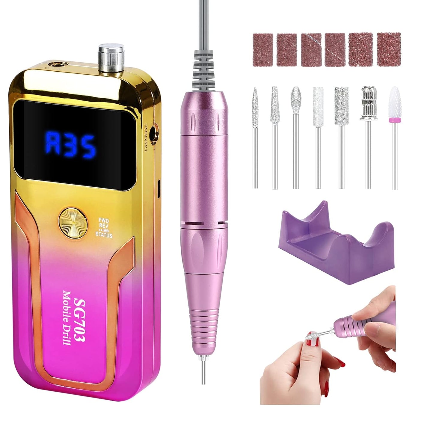 Portable Nail Drill Professional 35000 RPM, Rechargeable Electric Nail File Machine E File for Acrylic Nails Gel Polishing Removing, Cordless Efile with Bits Kit for Manicure Salon Home, Pink