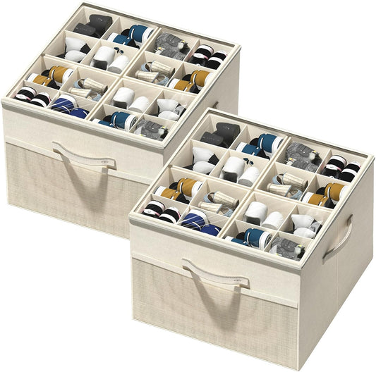 Shoe Organizer for Closet,2 Pack Foldable Shoe Storage Organizer Box Bin w/Adjustable Dividers and Clear Cover, Fits up to 16-32 Pairs, (Beige)