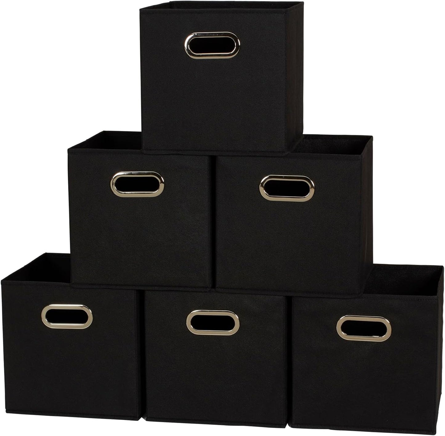 Fabric Storage Cube Bins, 6 Piece Set, Strong Poly-Woven Fabric, Chipboard Sides, Grommet Front Handle, Stackable and Foldable, Classic Design