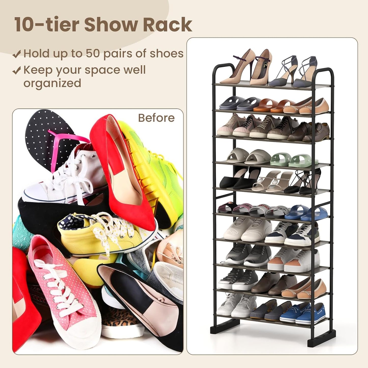 10-Tier Free Standing Shoes Rack, Space-Saving Shoes Organizer Shoes Storage Stand, Shoe Tower Storage Organizer, Entryway Hallway Shoes Tower, 26” x 11.5” x 60”, Black