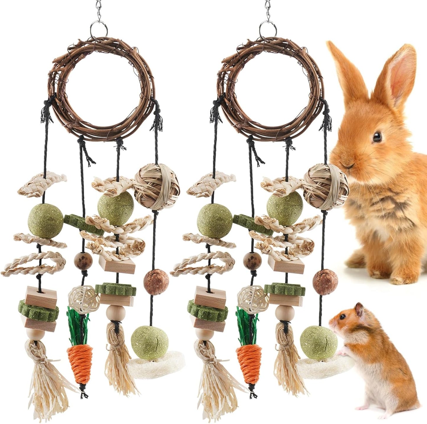 Bunny Chew Toy, Rabbits Cage Hanging Chew Toys and Treats Rattan Ring with Snacks for Guinea Pigs Chinchillas Hamsters Rats and Other Small Pets Teeth Grinding