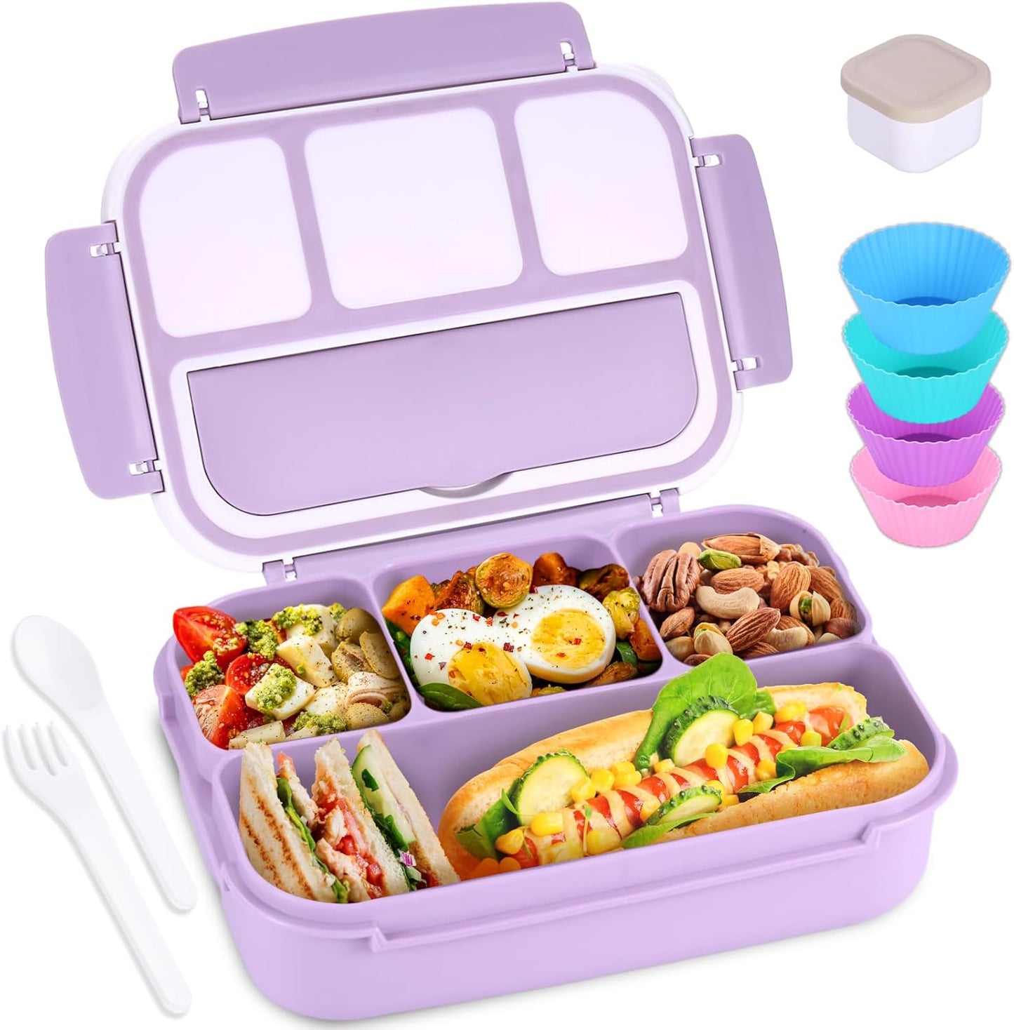 Bento Box Adult Lunch Box, Containers for Adults Men Women with 4 Compartments, Lunchable Food Container with Utensils, Sauce Jar, Muffin Liners, 40 Oz/5 Cup, Microwave & Dishwasher Safe, Brown