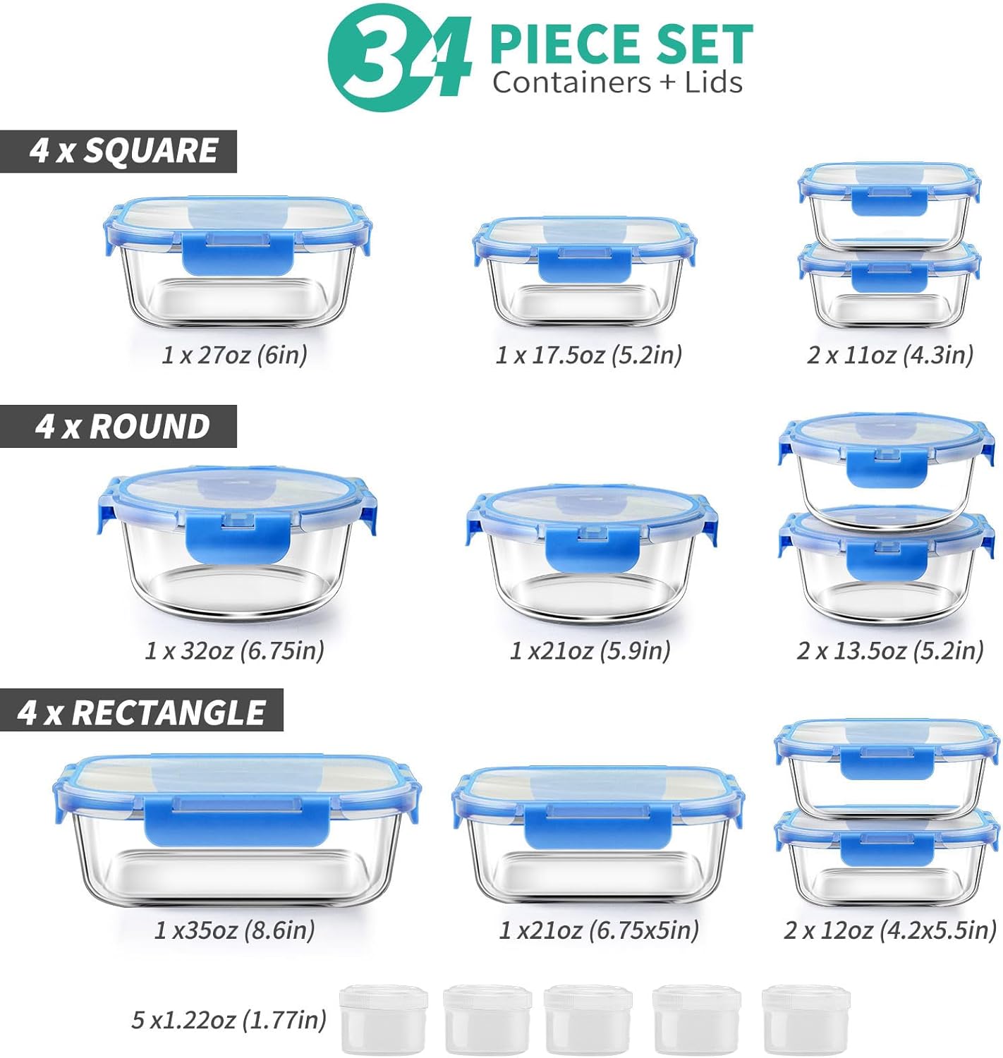 34pcs Glass Food Storage Containers with Lids Set, Airtight Glass Meal Prep Containers (17 Containers & 17 Lids),Leak Proof Lunch Containers BPA-Free, Microwave, Oven, Freezer & Dishwasher