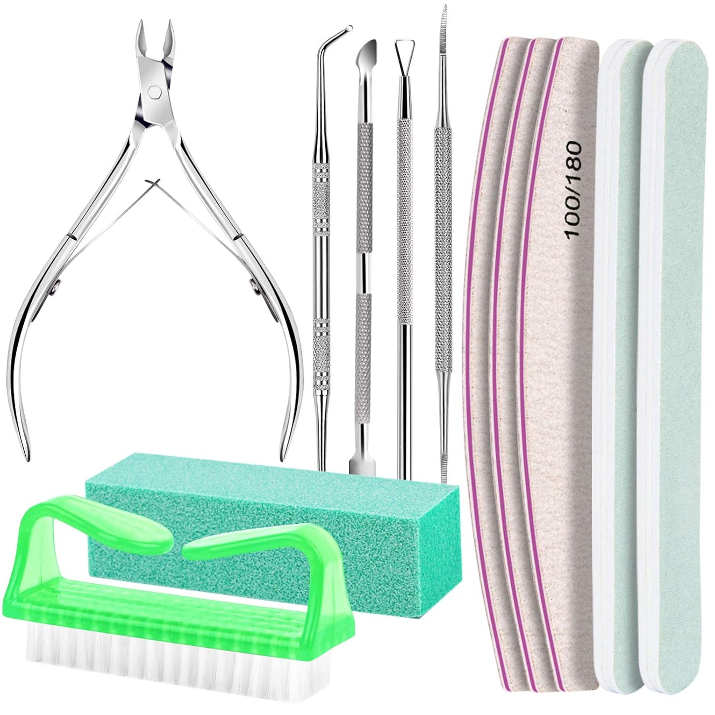 Manicure and Pedicure Tools Kit, Nail Files 100/180, Nail Buffer Block, Nail Cuticle Nippers, Cuticle Pusher, Cuticle Peeler, Nail Lifter for Ingrown Toenails, Toenail File