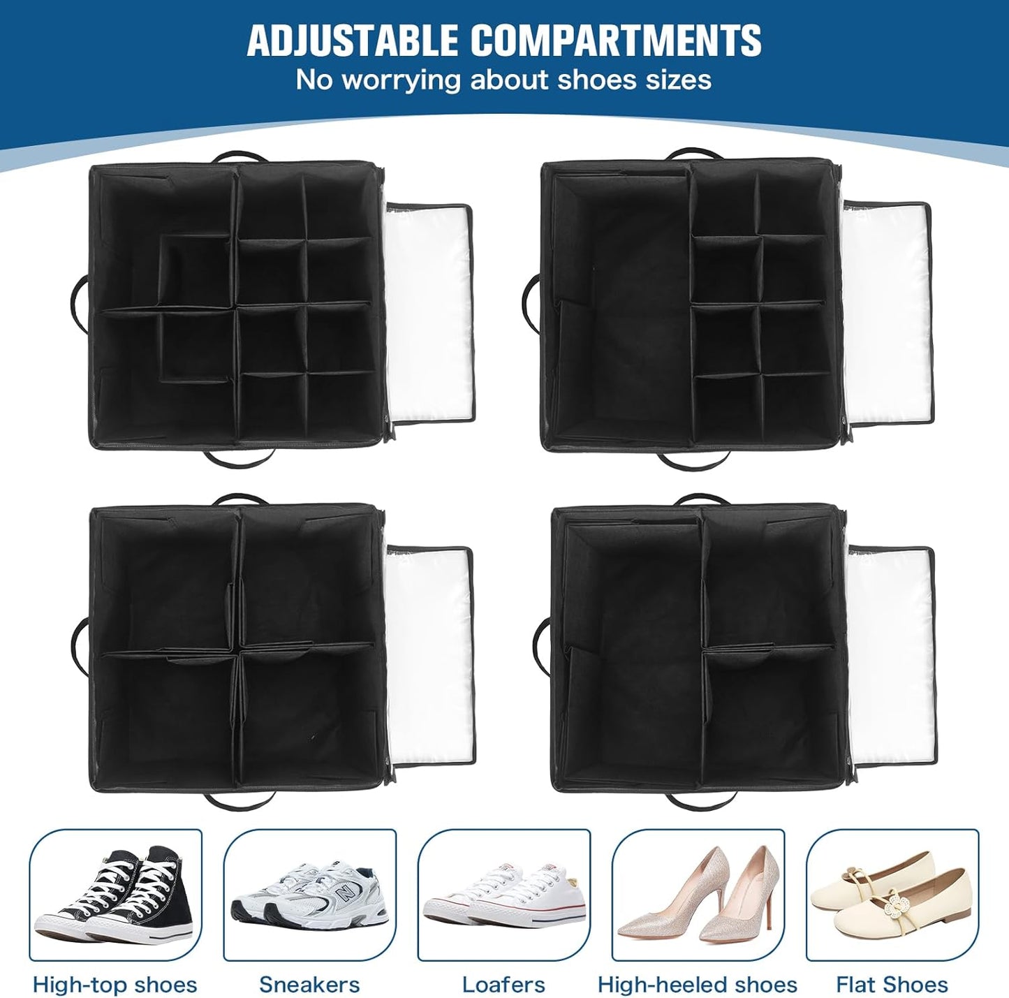 Foldable Shoe Organizer for Closet, Shoe Storage Containers with Transport Cover, Space Saving Black Shoe Box Organizer Fit 16 Pairs, Fabric Shoe Storage Organizer Entryway