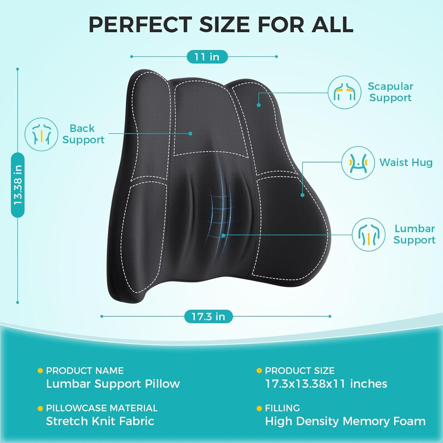 Lumbar Support Pillow, Memory Foam Lumbar Pillow for Lower Back Pain Relief, Back Support Pillow for Office Chair, Car Seat