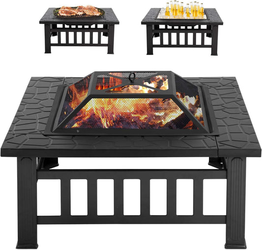 Outdoor Fire Pit for Wood 32" Metal Firepit for Patio Wood Burning Fireplace Square Garden Stove with Charcoal Rack, Poker & Mesh Cover for Camping Picnic Bonfire Backyard