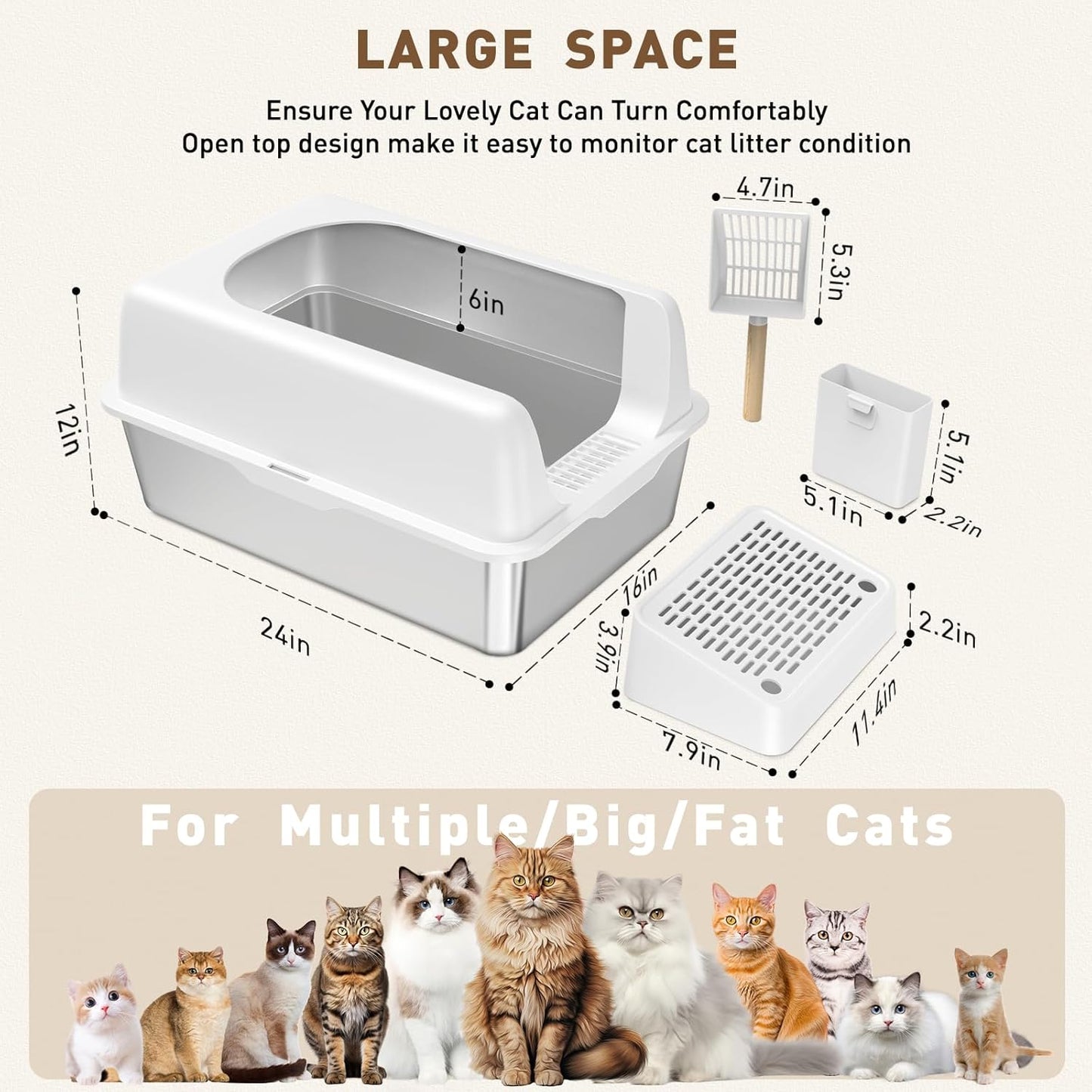 Stainless Steel Cat Litter Box, Enclosed Metal Litter Box with Lid, XL Extra Large Cat Litter Box for Big Cats, Non-Sticky High Side Kitty Litter Box, Anti-Leakage, Easy Cleaning (Light Grey)