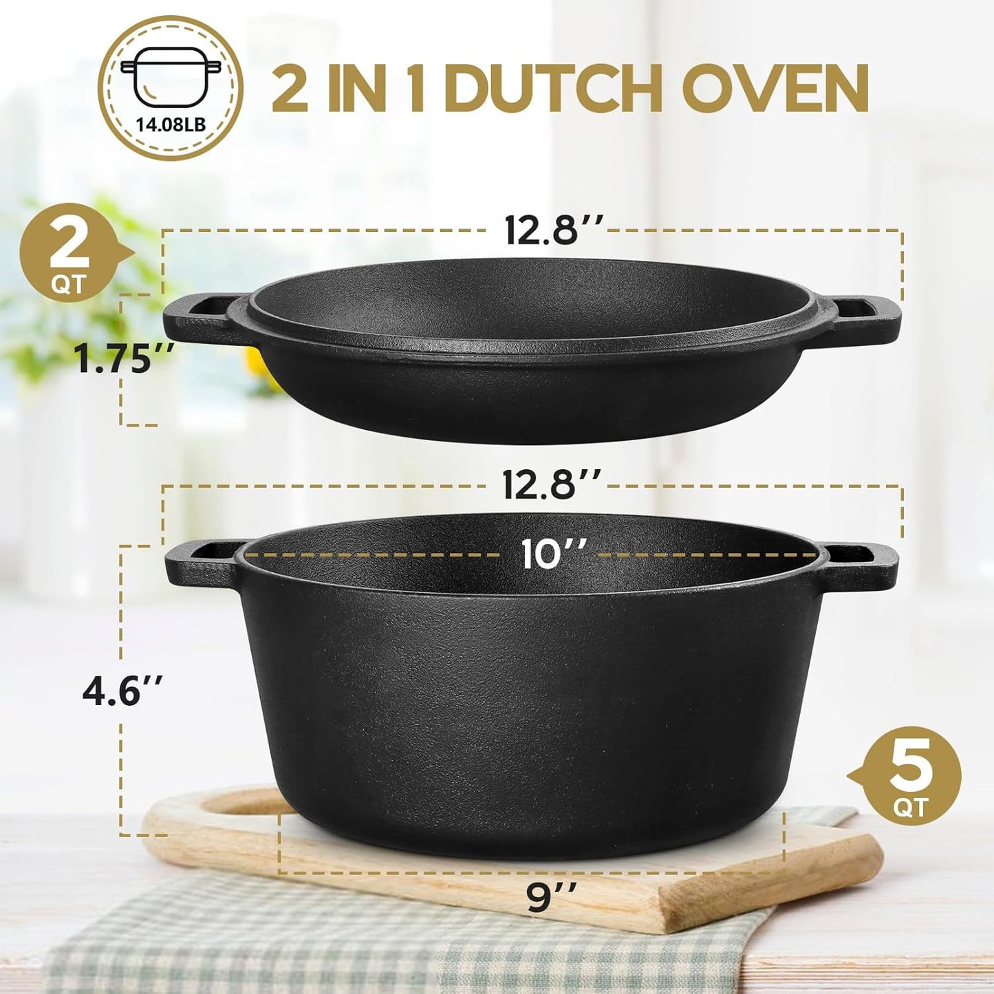 5QT Dutch Oven Pot With Lid, 2-in-1 Pre-seasoned Cast Iron Dutch Oven Stock Pot with Lid for Bread Baking, Healthy & Fit Various Heat Sources