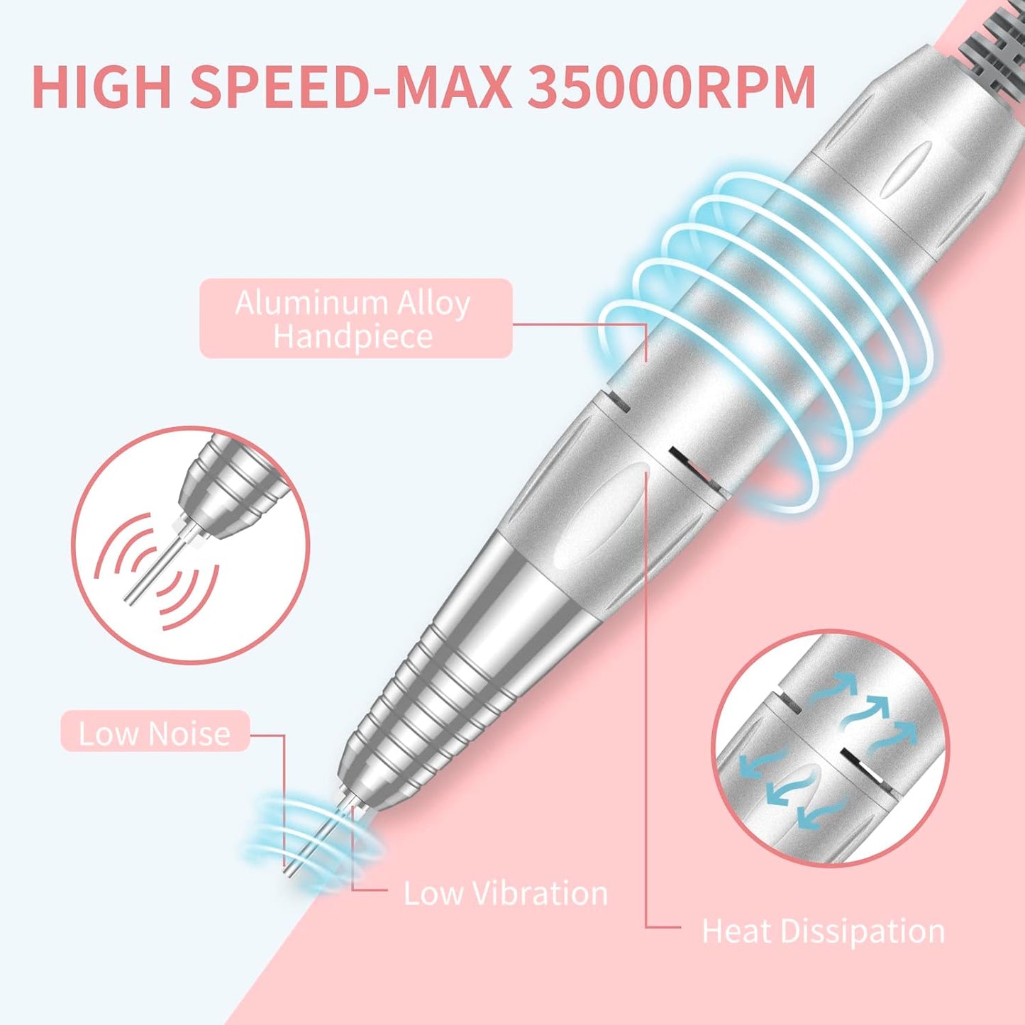 Portable Nail Drill Professional 35000 RPM, Rechargeable Electric Nail File Machine E File for Acrylic Nails Gel Polishing Removing, Cordless Efile with Bits Kit for Manicure Salon Home