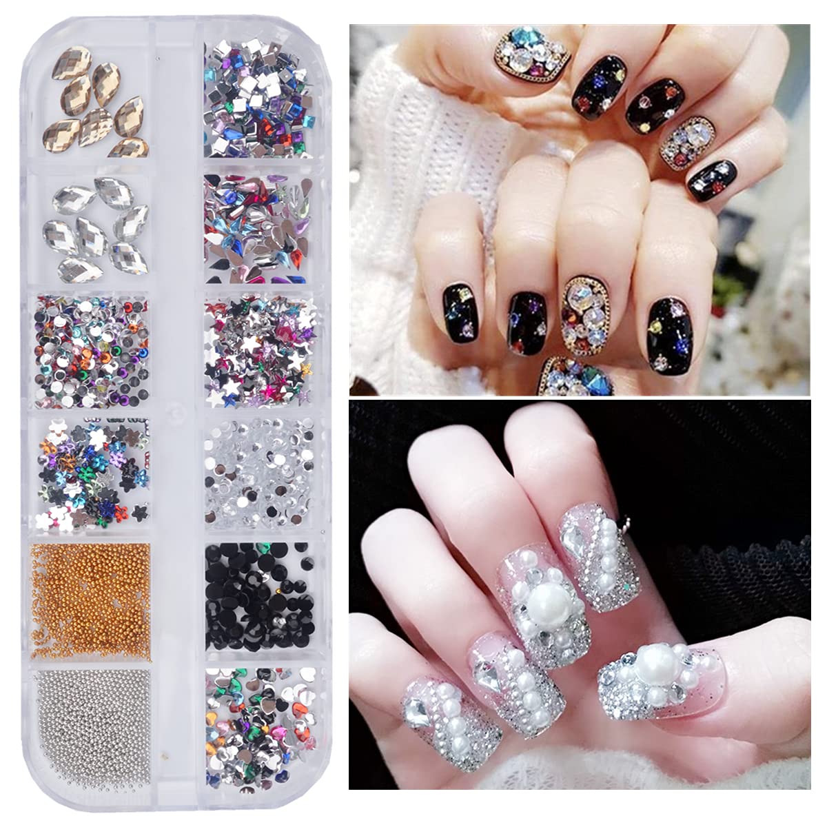 5 Boxes Gold & Silver Metal Nail 3D Punk Studs Star Moon Heart Triangle Square Rivet Gems Nail Art Jewels with a Curved Tweezers and a Nail Brush