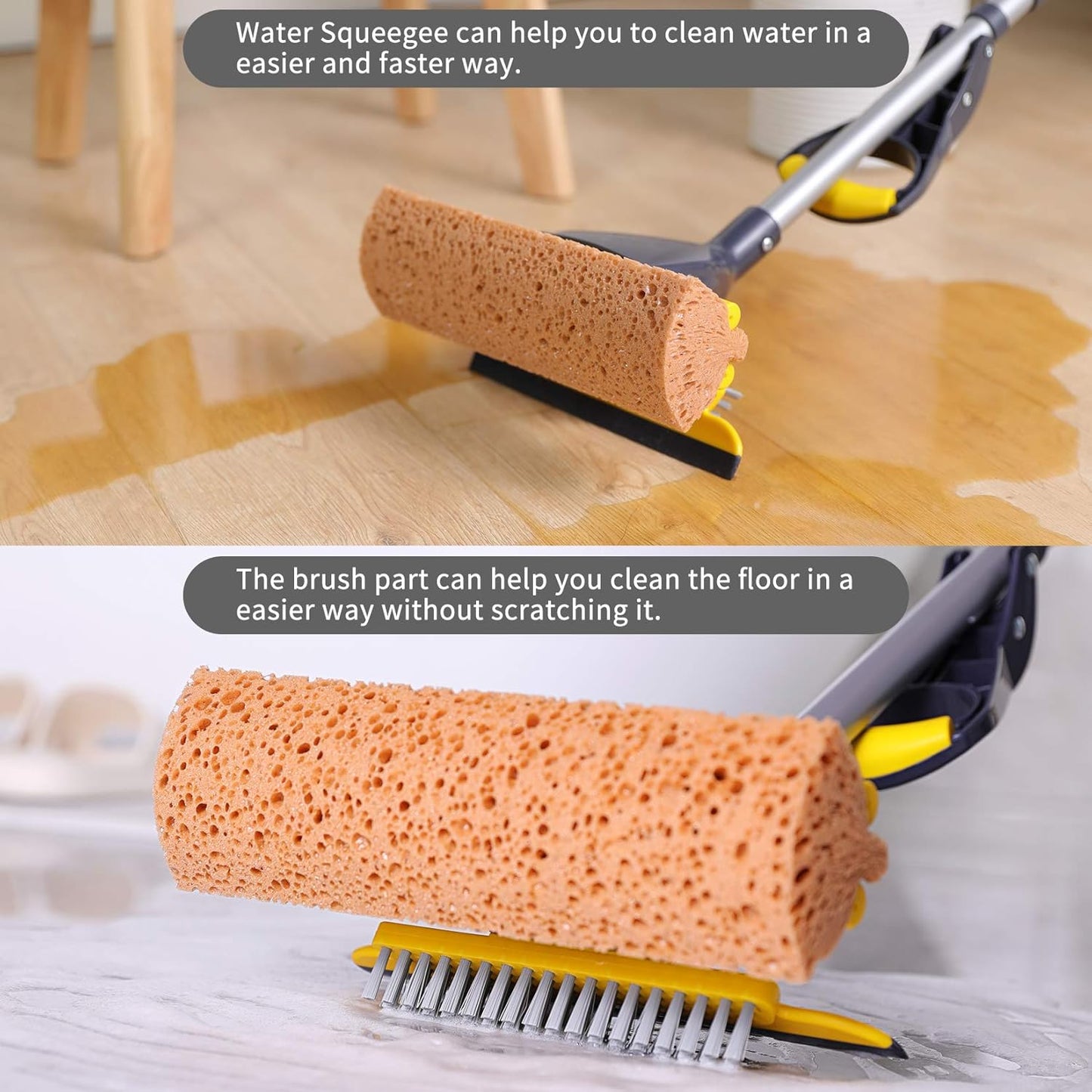 Sponge Mop Home Commercial Use Tile Floor Bathroom Garage Cleaning with Total 2 Sponge Heads Squeegee and Extendable Telescopic Long Handle from 42.5 to 52 Inches Easily Dry Wringing