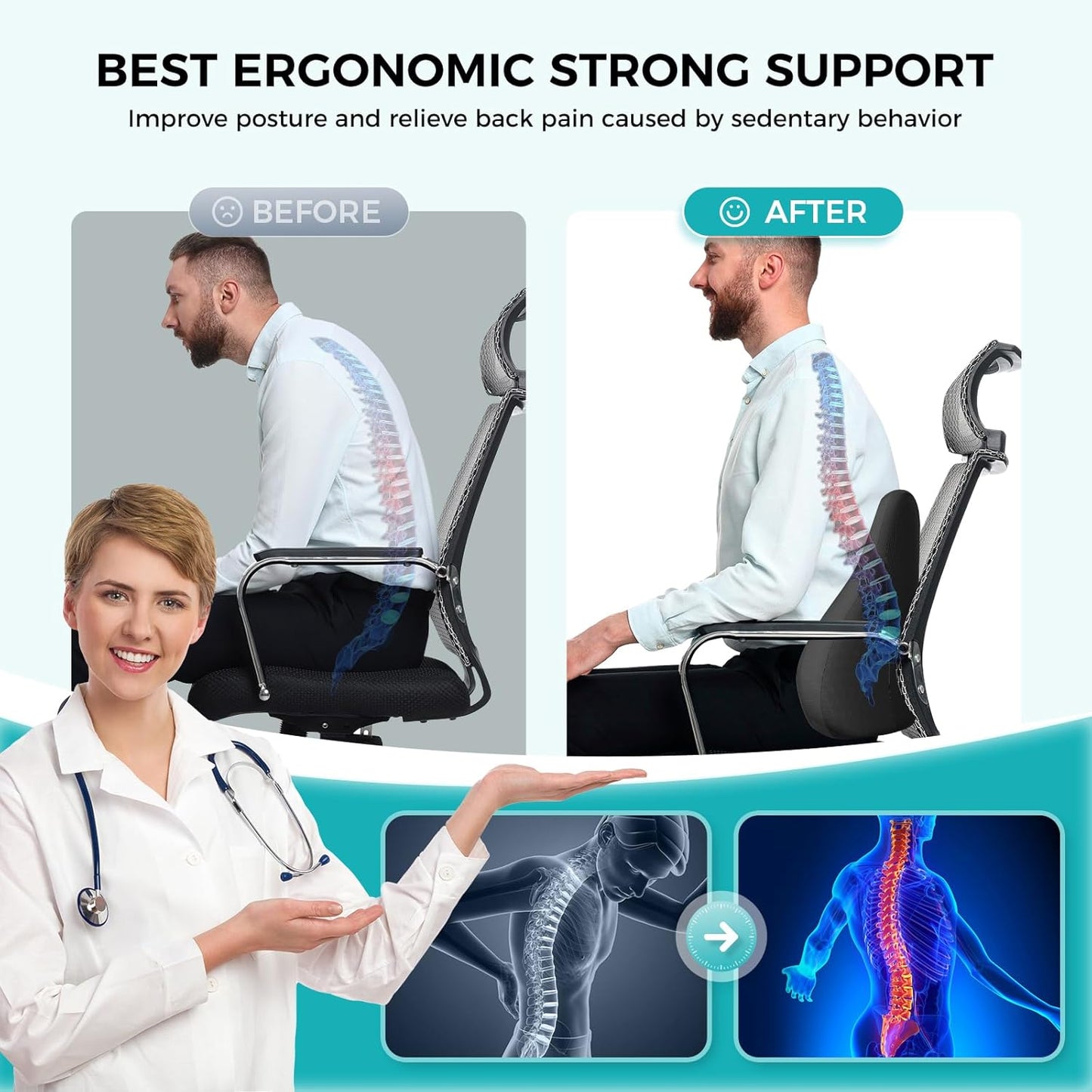 Lumbar Support Pillow, Memory Foam Lumbar Pillow for Lower Back Pain Relief, Back Support Pillow for Office Chair, Car Seat