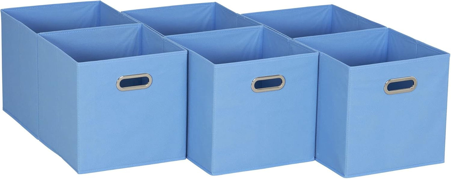 Fabric Storage Cube Bins, 6 Piece Set, Strong Poly-Woven Fabric, Chipboard Sides, Grommet Front Handle, Stackable and Foldable, Classic Design