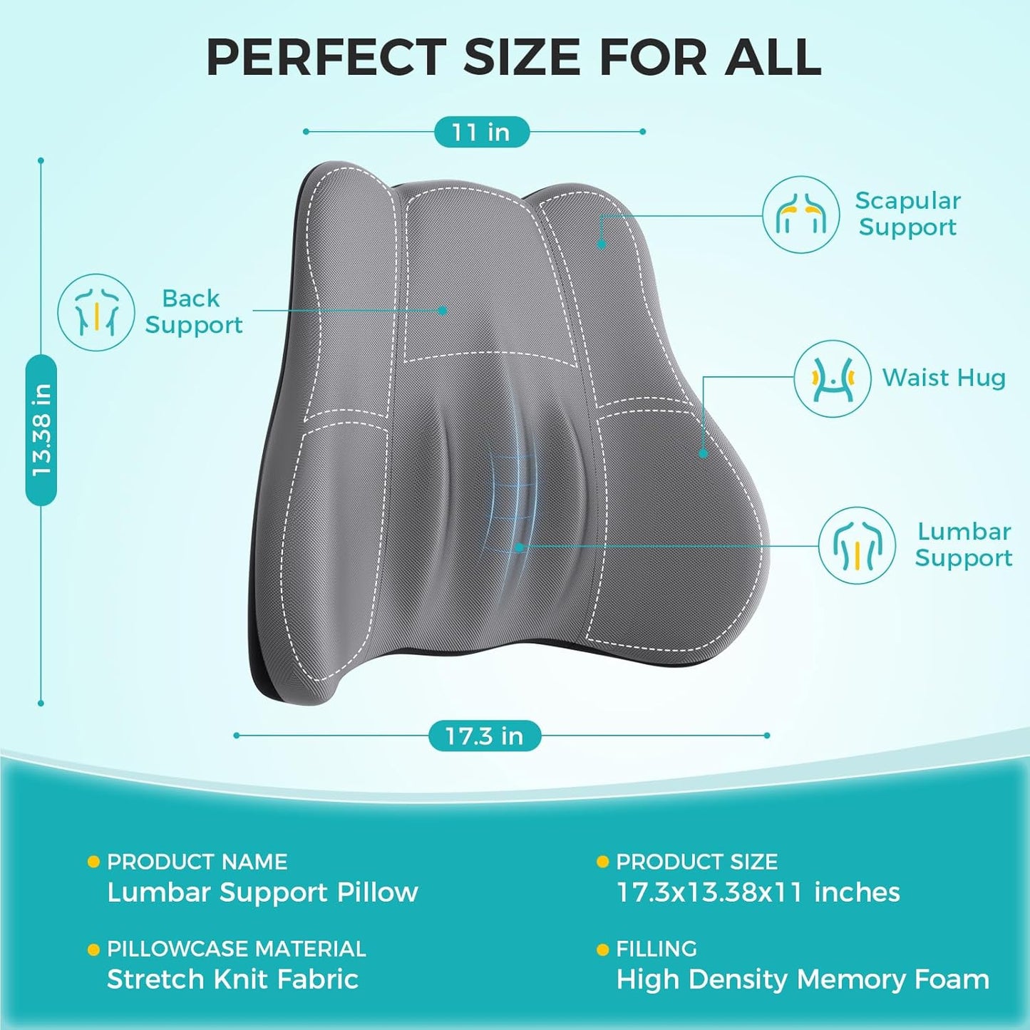 Lumbar Support Pillow, Memory Foam Lumbar Pillow for Lower Back Pain Relief, Back Support Pillow for Office Chair, Car Seat