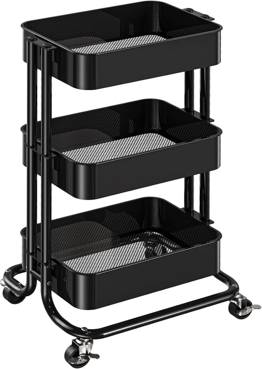 3 Tier Metal Rolling Utility Cart, Heavy-Duty Storage Rolling Cart with 2 Lockable Wheels, Multifunctional Mesh Organization Utility Cart for Kitchen Dining Room Living Room