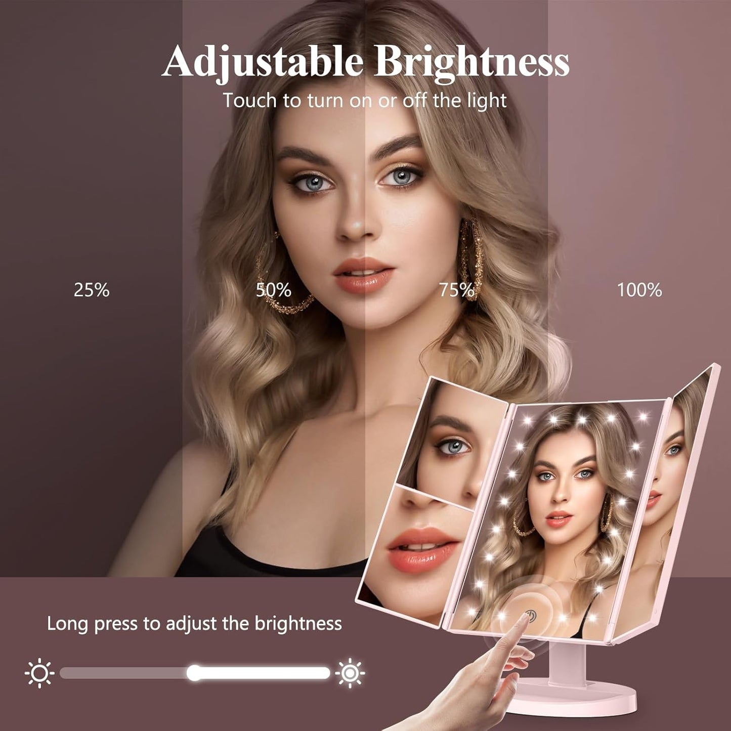 Makeup Mirror Vanity with Lights, 2X 3X 10X Magnification, Lighted Mirror, Touch Control, Trifold Dual Power Supply, Portable LED Women Gift