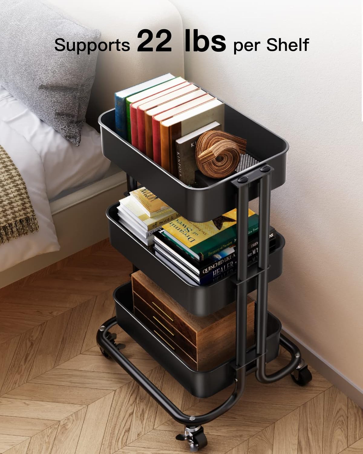 3 Tier Metal Rolling Utility Cart, Heavy-Duty Storage Rolling Cart with 2 Lockable Wheels, Multifunctional Mesh Organization Utility Cart for Kitchen Dining Room Living Room