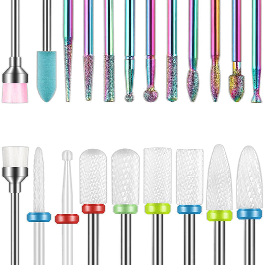 21pcs Nail Drill Bits Sets, 3/32 Inch Diamond Cuticle Electric Nail File and Ceramic Acrylic Gel Nail Bit Kit, Acrylic Nail Art Tools, Carbide Remover Bits for Manicure Pedicure, Home Salon